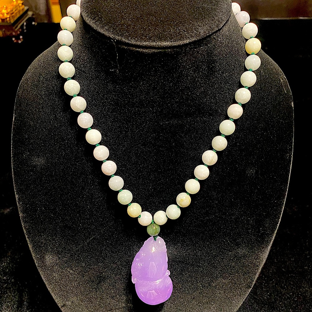 Natural jade handmade necklace with giant lavender jade Longevity Fruit pendant.